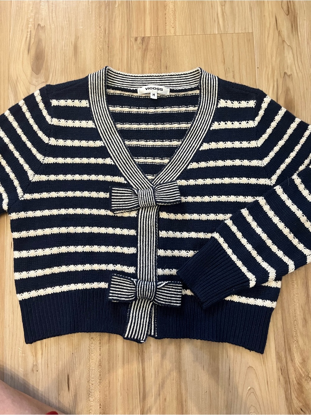 Vigoss Navy Stripe Textured Bow Crop Cardigan Size: Medium